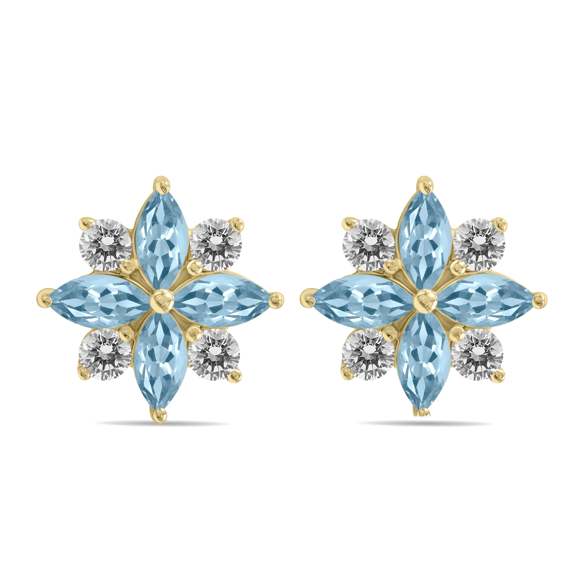 Image of 1 Carat TW Aquamarine and Diamond Flower Earrings in 10K Yellow Gold