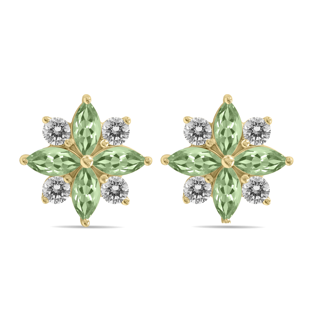 Image of 1 Carat TW Green Amethyst and Diamond Flower Earrings in 10K Yellow Gold