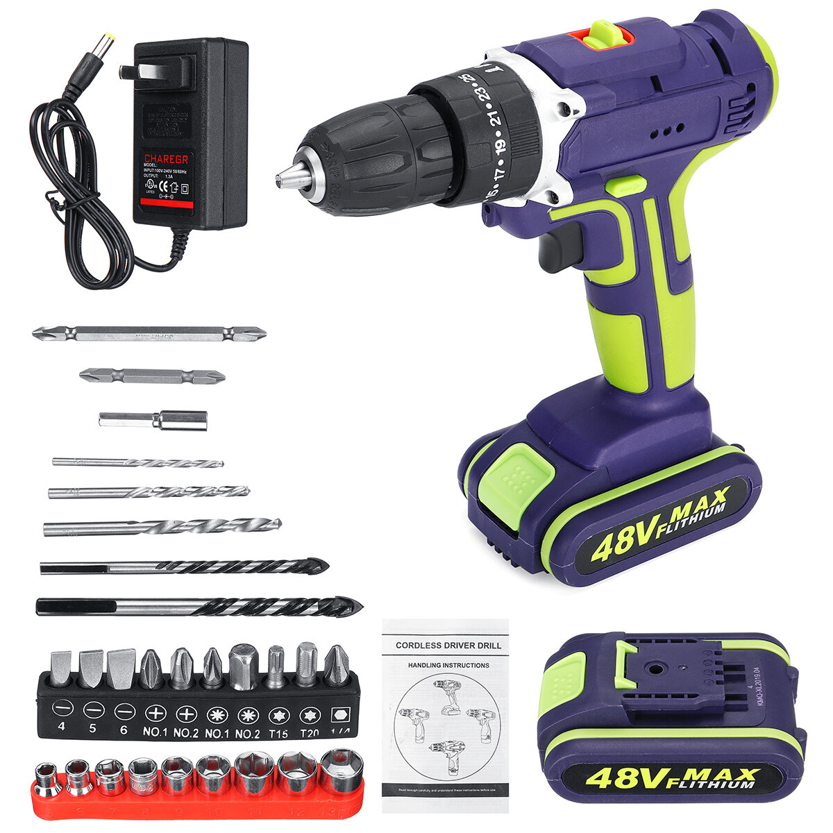 Image of 100-240V 50Nm 3 In 1 Electric Hammer Drill Cordless Drill Double Speed Power Drills