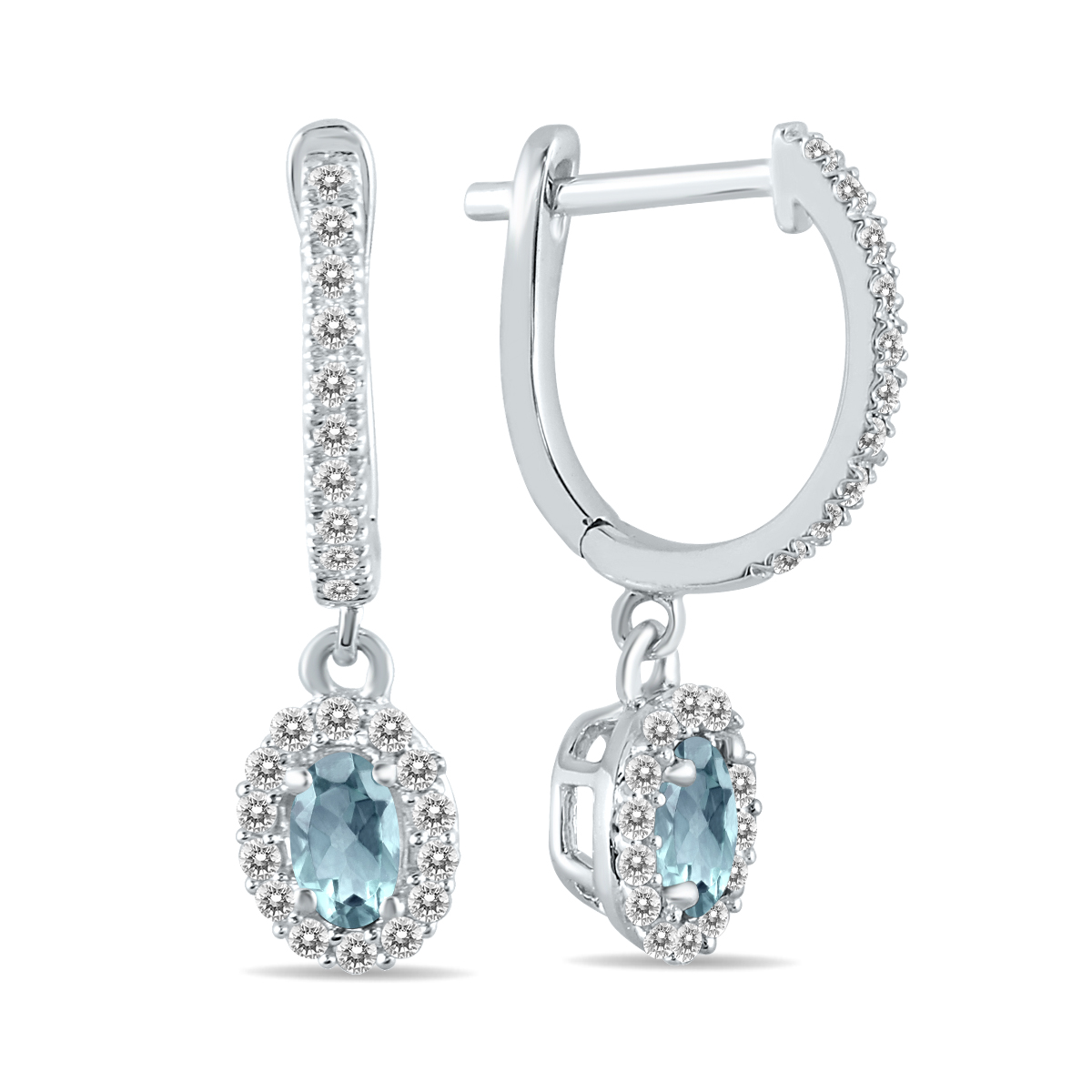 Image of 1/2 Carat Oval Aquamarine and Diamond Halo Dangle Earrings in 10K White Gold