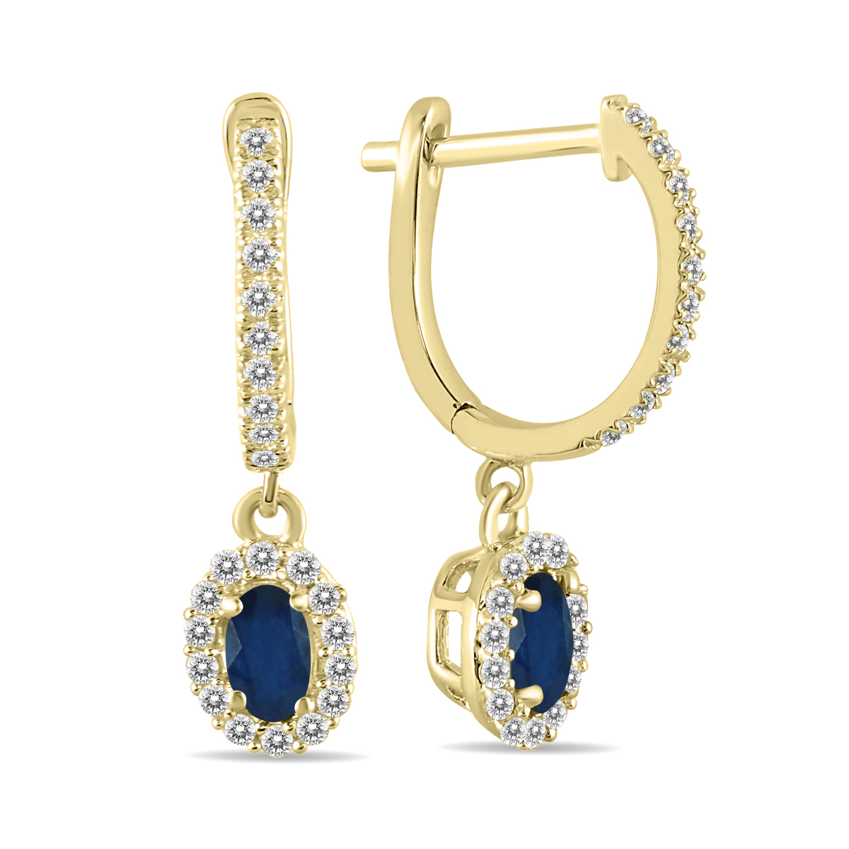 Image of 1/2 Carat Oval Sapphire and Diamond Halo Dangle Earrings in 10K Yellow Gold