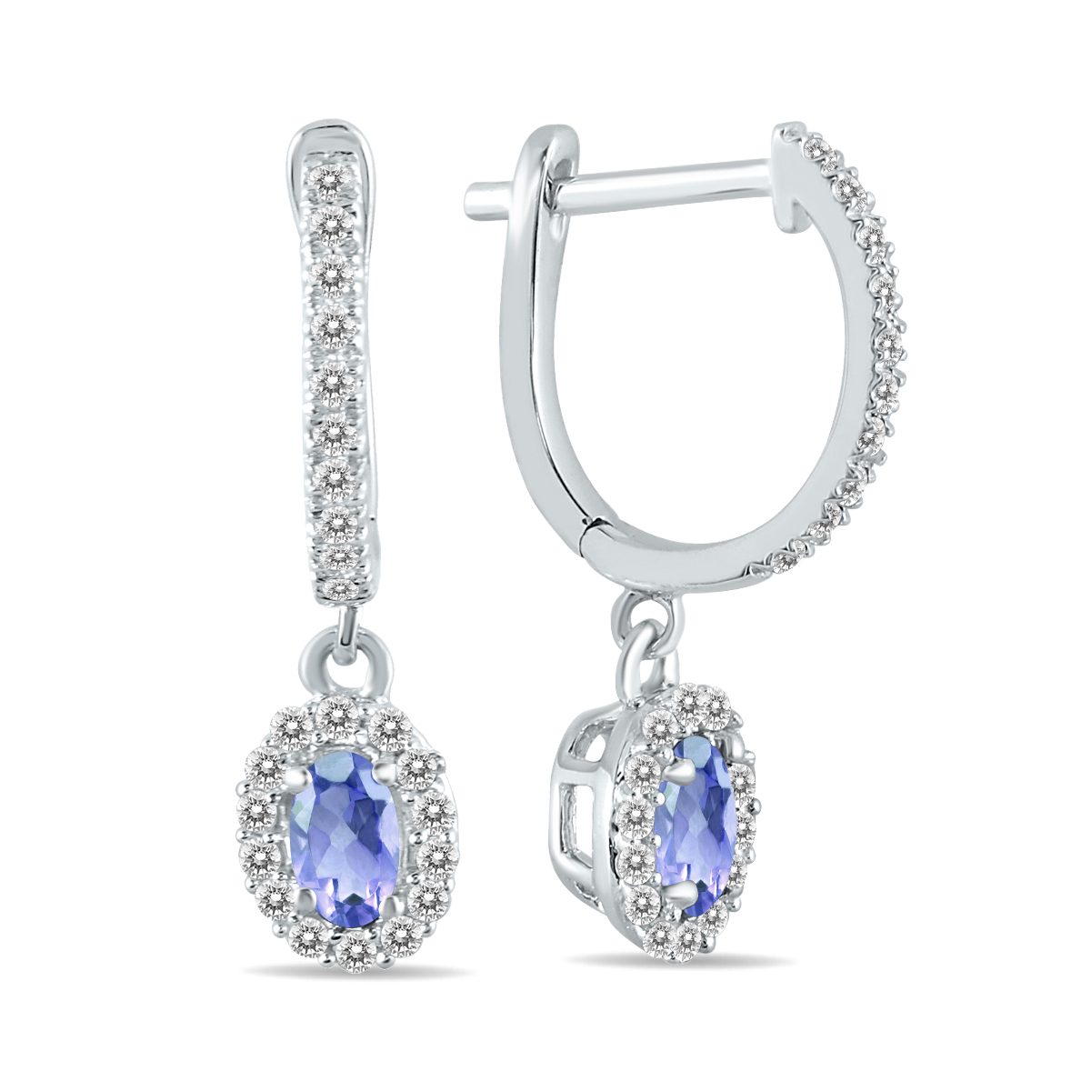 Image of 1/2 Carat Oval Tanzanite and Diamond Halo Dangle Earrings in 10K White Gold