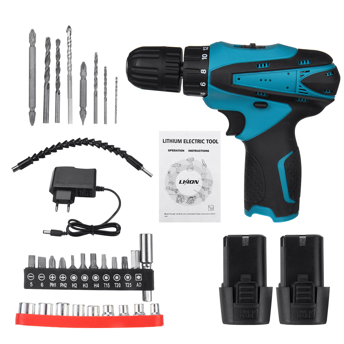 Image of 12V Cordless Electric Drill Screwdriver 2 Speeds Impact Drill Driver Set W/ 1/2 Battery & Plastic Box