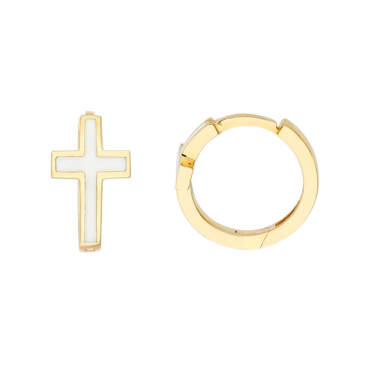 Image of 14K Yellow Gold White Cross Enamel Huggies Hoop Earrings