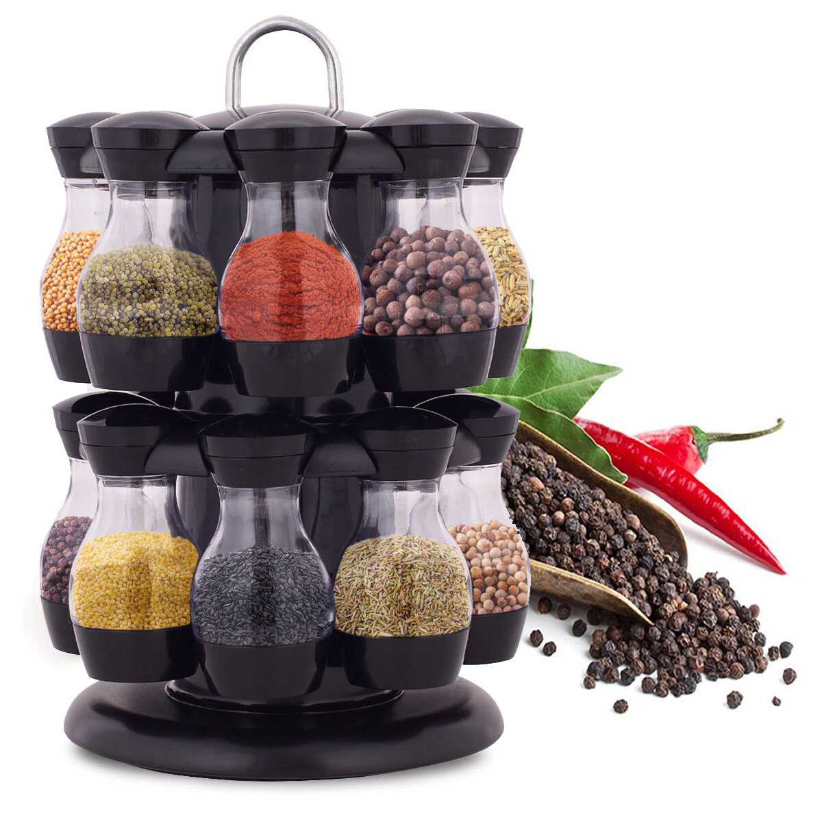 Image of 16 Jar Rotating Spice Rack Carousel Kitchen Storage Holder Condiments