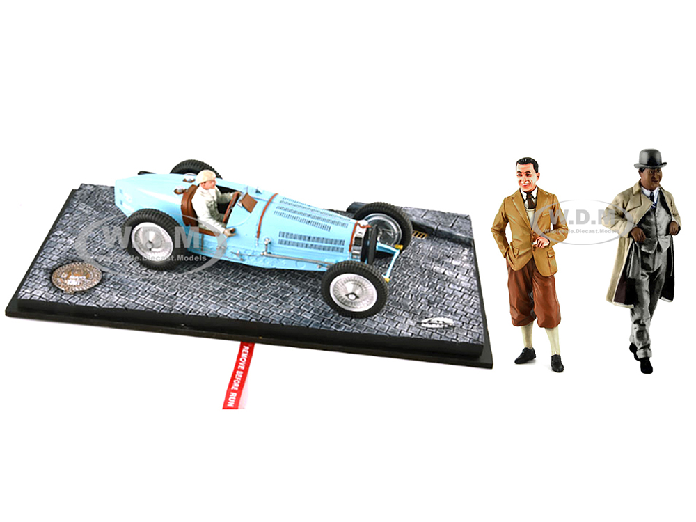 Image of 1934 Bugatti T59 Road Version Light Blue with Driver and Etorre Bugatti and Jean Bugatti Figures 1/18 Models by Le Mans Miniatures