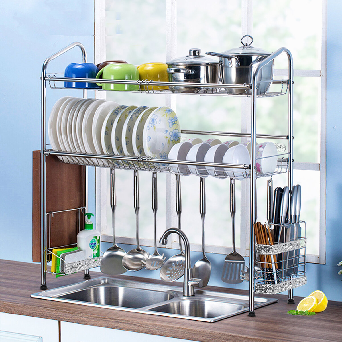 Image of 2 Tier Kitchen Over Sink Dish Drying Rack Stainless Steel Bowl Cutlery Drinkware Drainer Storage Shelf Iron Utensil Hold