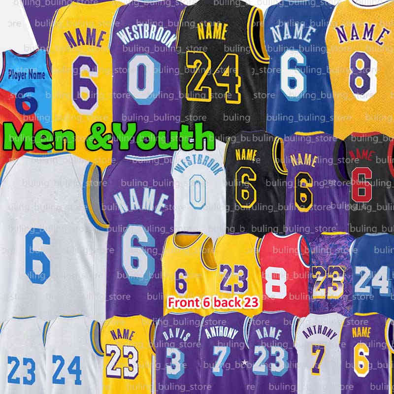 Image of 2022 Russell Westbrook Basketball Jersey 23 6 Davis Carmelo Anthony Yellow White Purple black LBJ 3 7 0 75th Mamba Anniversary 23 22 Mens Kids Youth