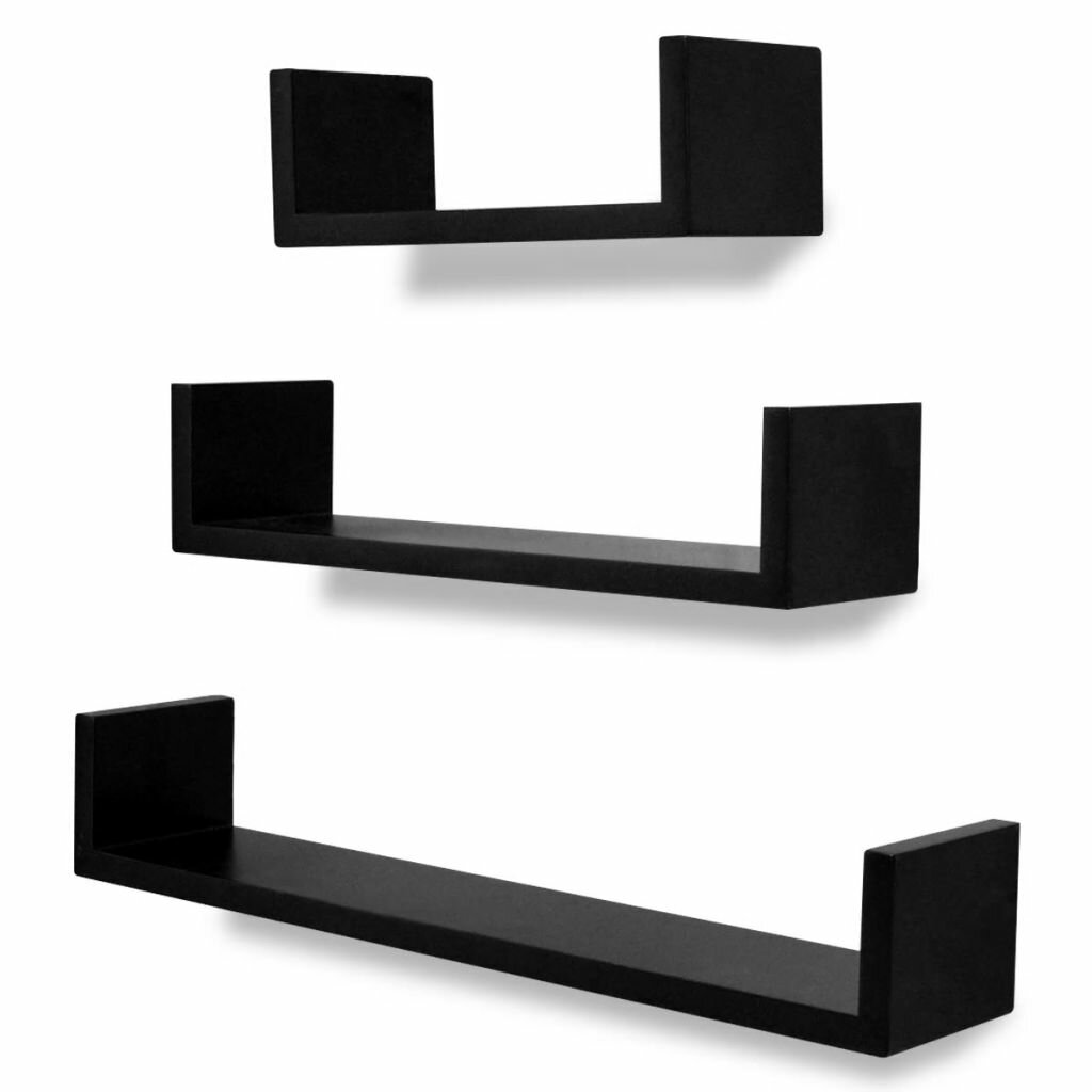 Image of 3 Black MDF U-Shaped Floating Wall Display Shelves Book/DVD Storage