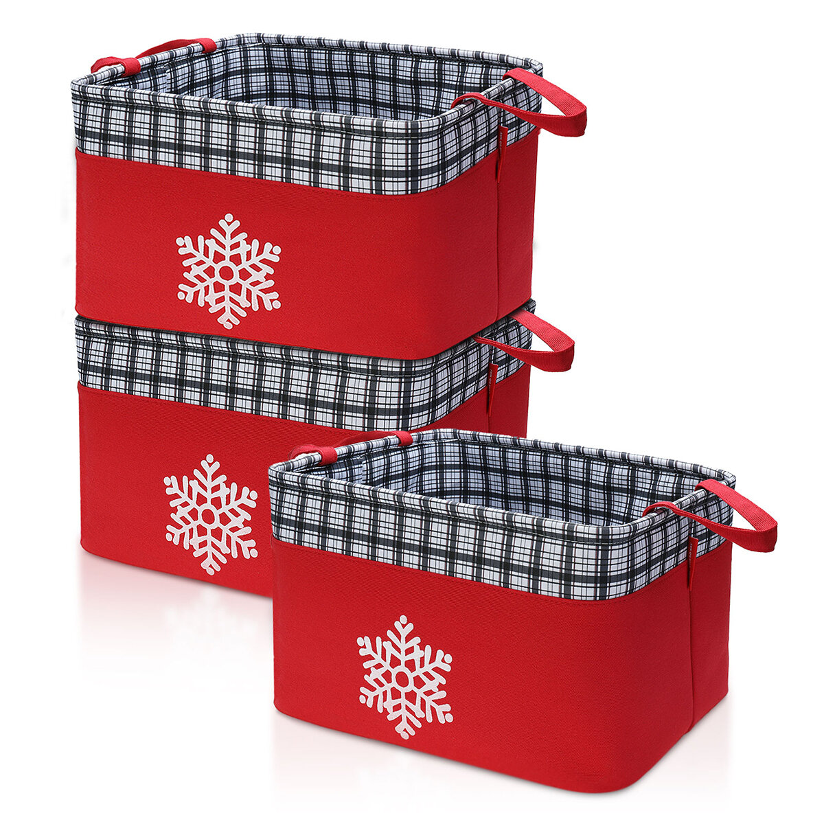 Image of 3 Pcs Christmas Storage Basket Fabric Storage Box Snowflakes and Plaid Case Organizer with Cotton Rope Handle