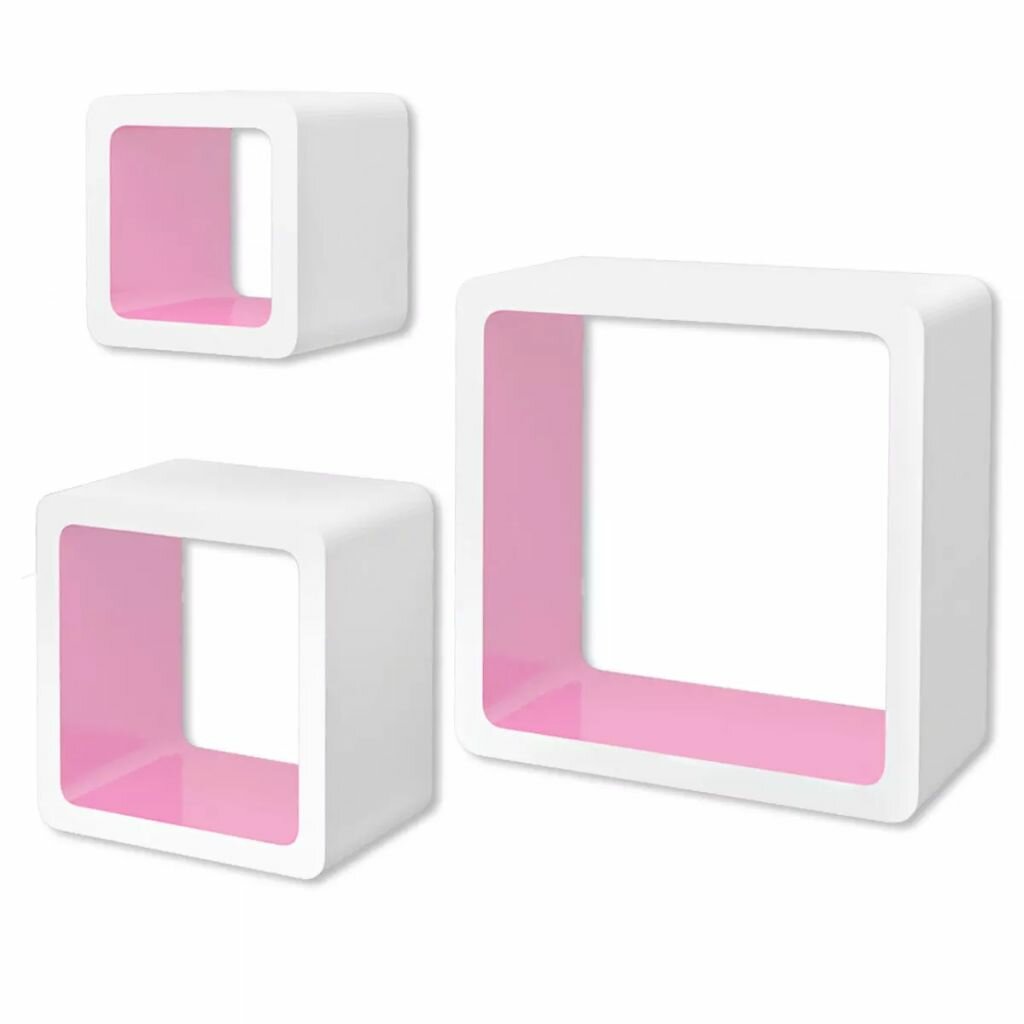 Image of 3 White-Pink MDF Floating Wall Display Shelf Cubes Book/DVD Storage