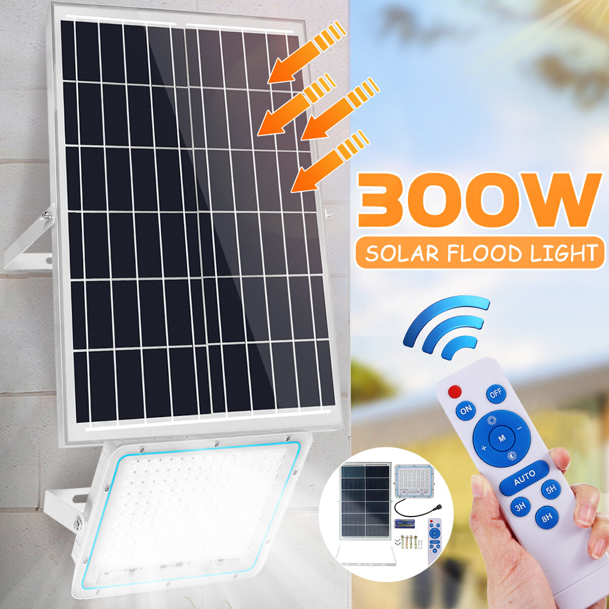 Image of 300W 300LED 5000LM Solar Powered Flood Light Remote Control Light Sensor Timing Outdoor Waterproof IP65