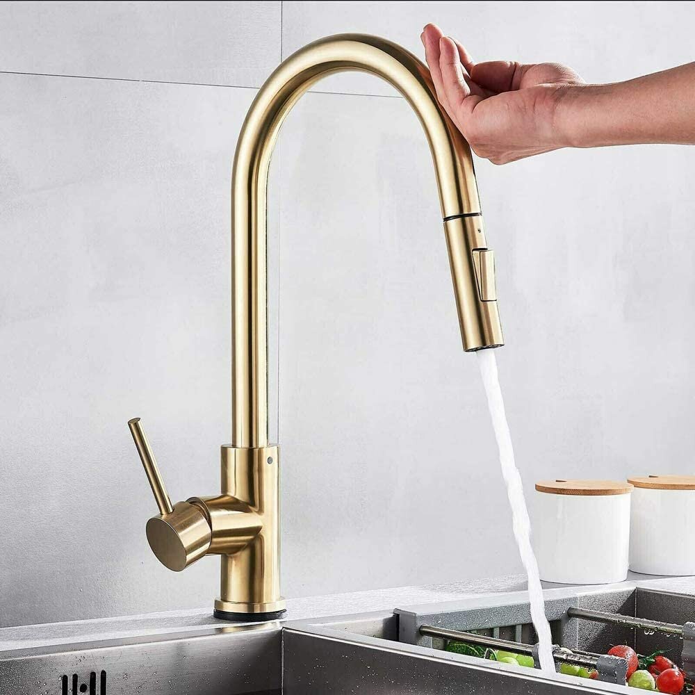 Image of 360° Brass Gold Kitchen Sink Faucet Pull Out Water Tap Sensor Mixer Tap with 2 Pipes