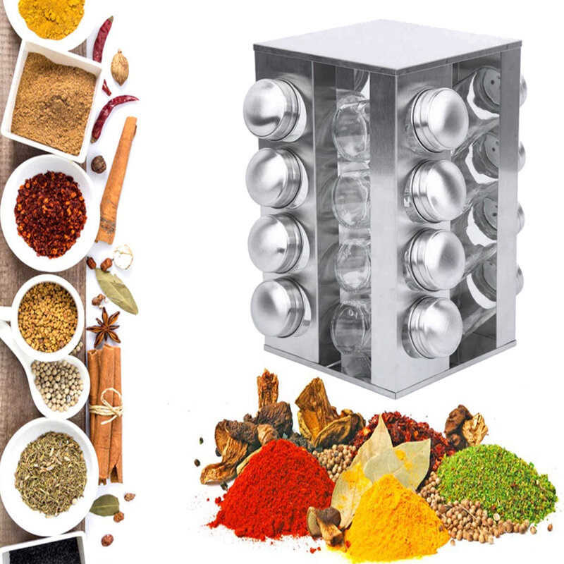 Image of 360° Stainless Steel Rotating Spice Rack Container with 16 Glass Jar Counter Kitchen Organizer Kitchen Storage