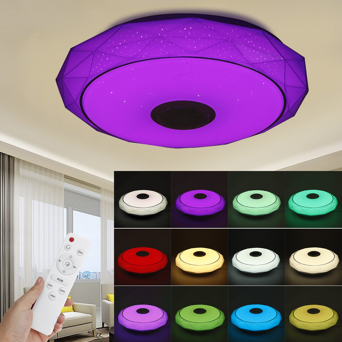 Image of 40CM bluetooth WiFi APP LED Ceiling Light RGB Music Speaker Dimmable Lamp + Remote Control
