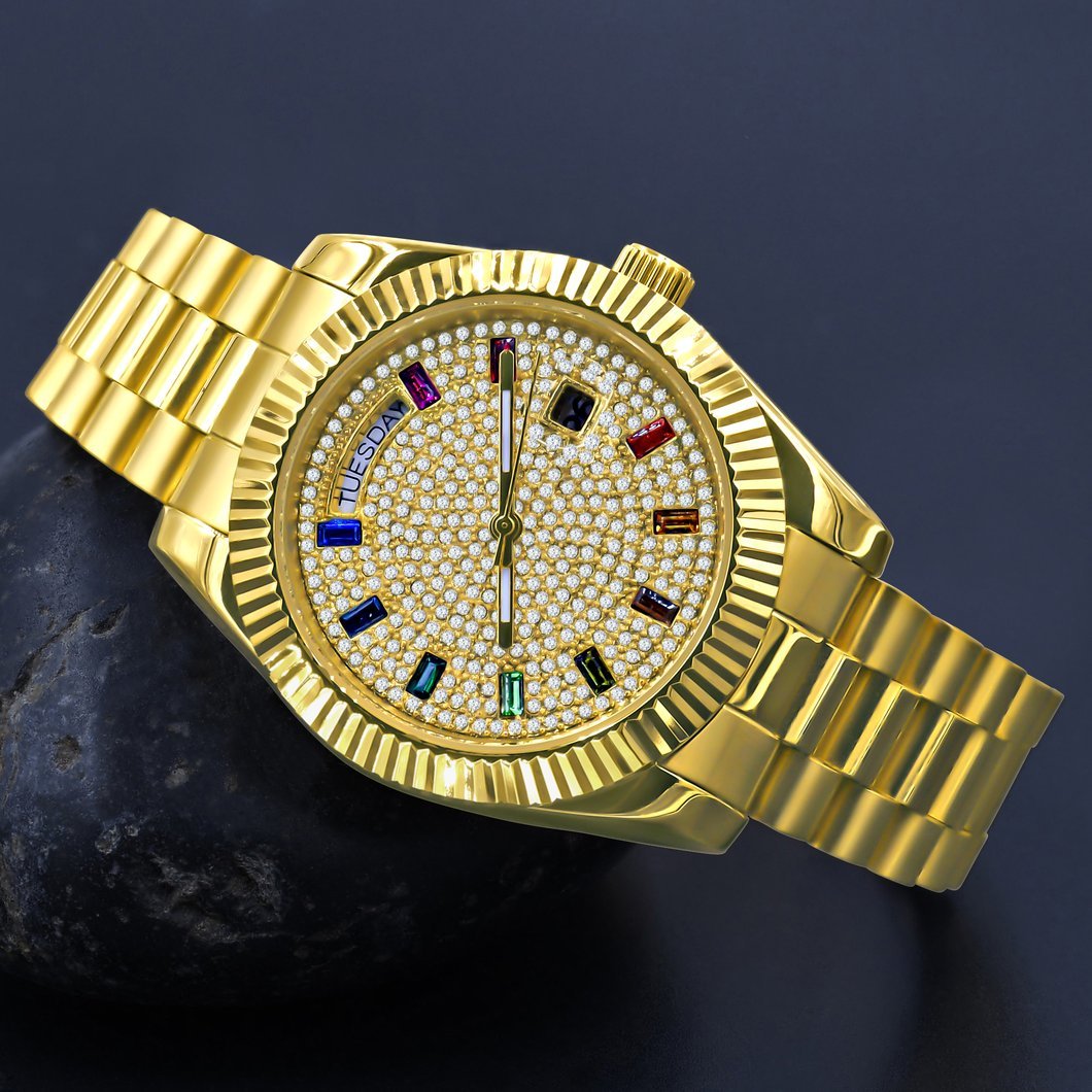 Image of 41MM CZ Pave Dial Rainbow Hours Day Watch ID 39654841581761