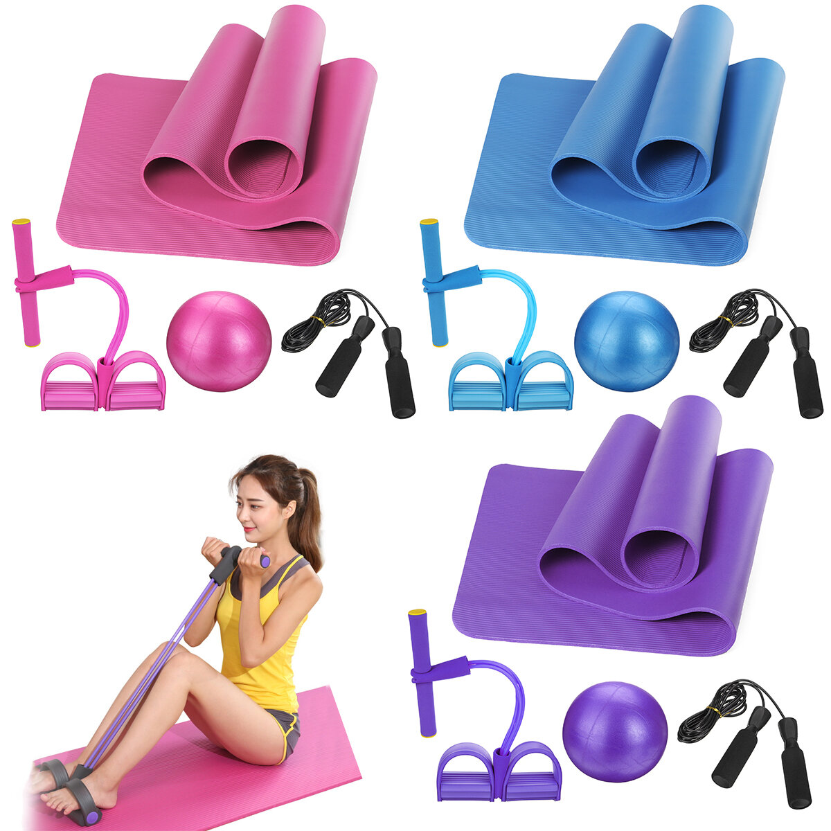 Image of 4PCS Yoga Beginner Kit Set Anti-skid Pilates Ball + Jump Rope + Resistance Band + Yoga Mats Home Fitness Tools