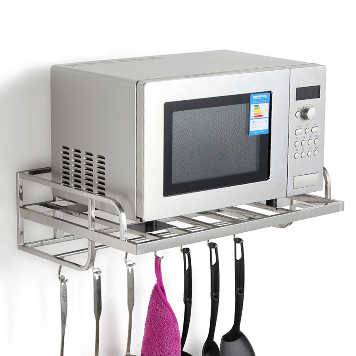 Image of 550*385*160mm Stainless Steel Microwave Oven Rack with Six Hooks Single-layer Wall-mounted Storage Shelf