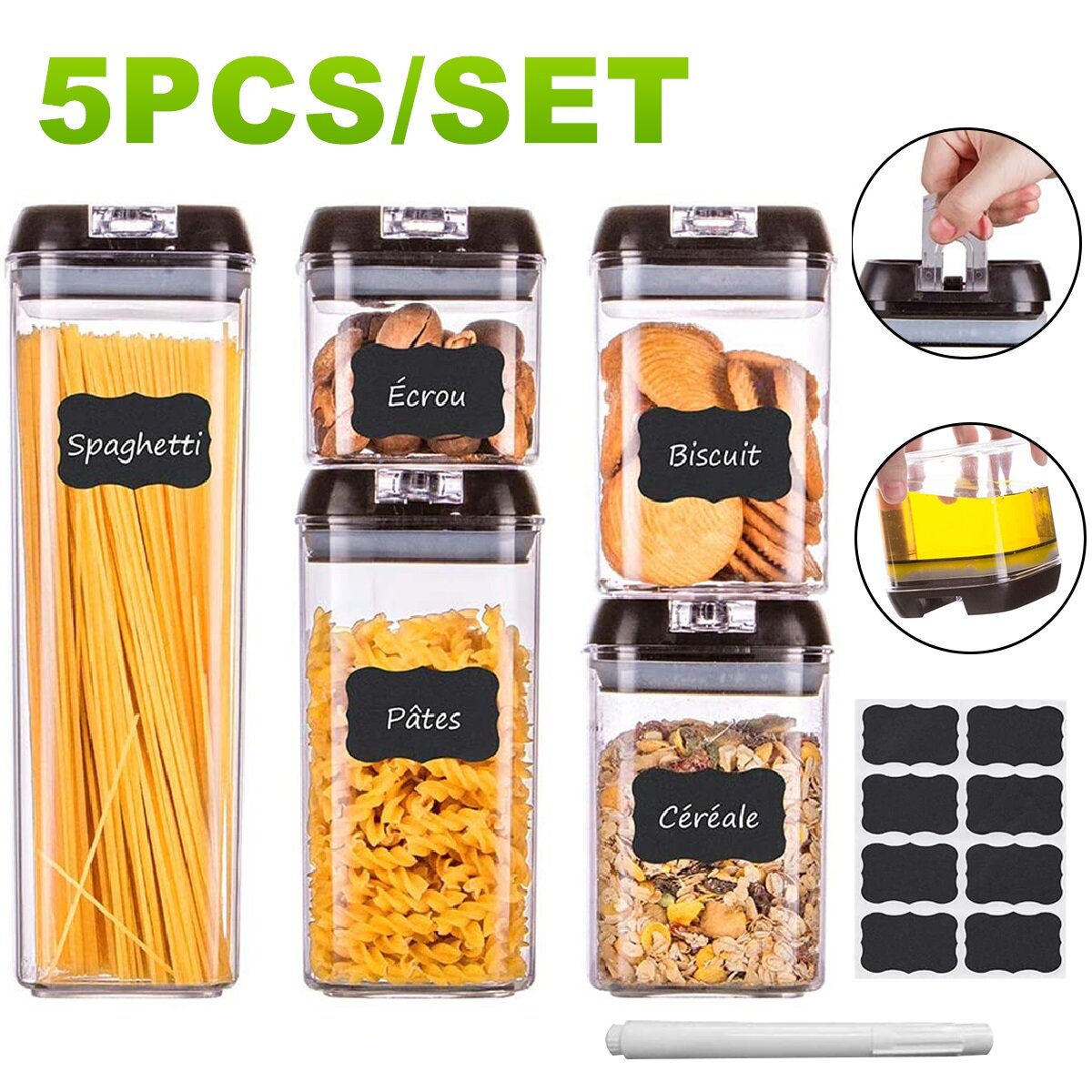 Image of 5PCS Air-Tight Food Storage Container Easy Lock Sealed Jar Plastic Transparent Milk Powder Grains Candy Kitchen Organize