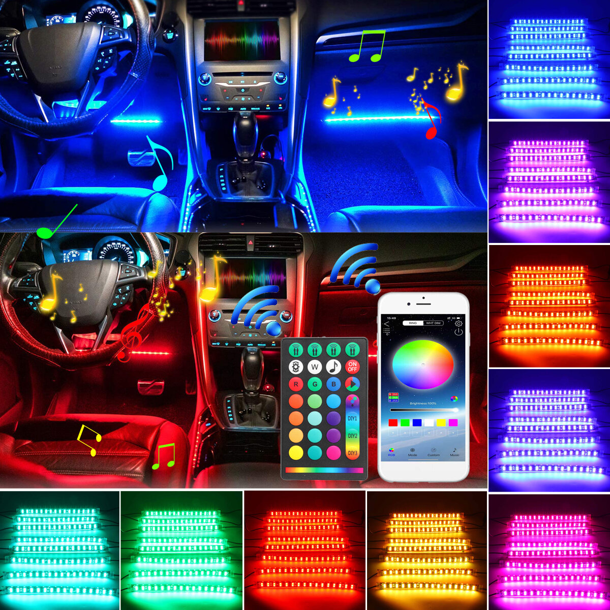 Image of 6/8Pcs 5050 LED Car Strip Underglow DC12V 40W RGB LED Neon Car Under Glow Atmosphere Strip Light APP bluetooth Control