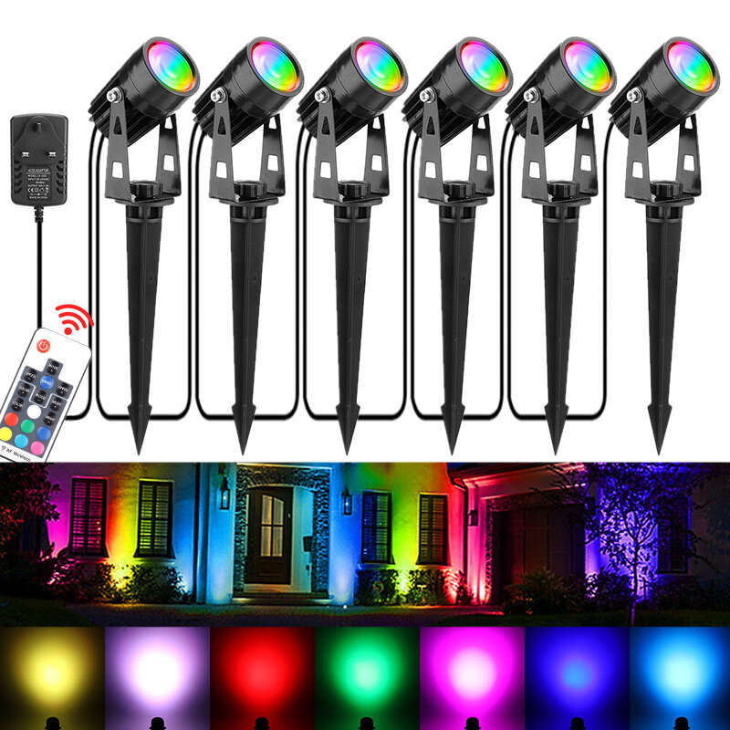 Image of 6Pcs RGB LED Garden Spike Lights Outdoor Spotlights Landscape Lamp Remote