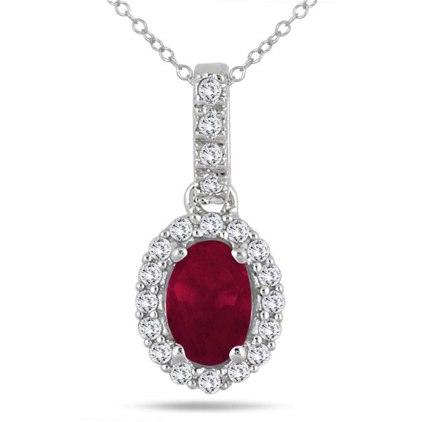 Image of 6x4MM Oval Ruby and Diamond Halo Pendant in 10K White Gold
