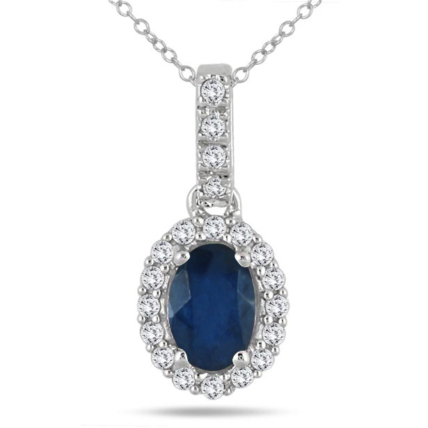 Image of 6x4MM Oval Sapphire and Diamond Halo Pendant in 10K White Gold