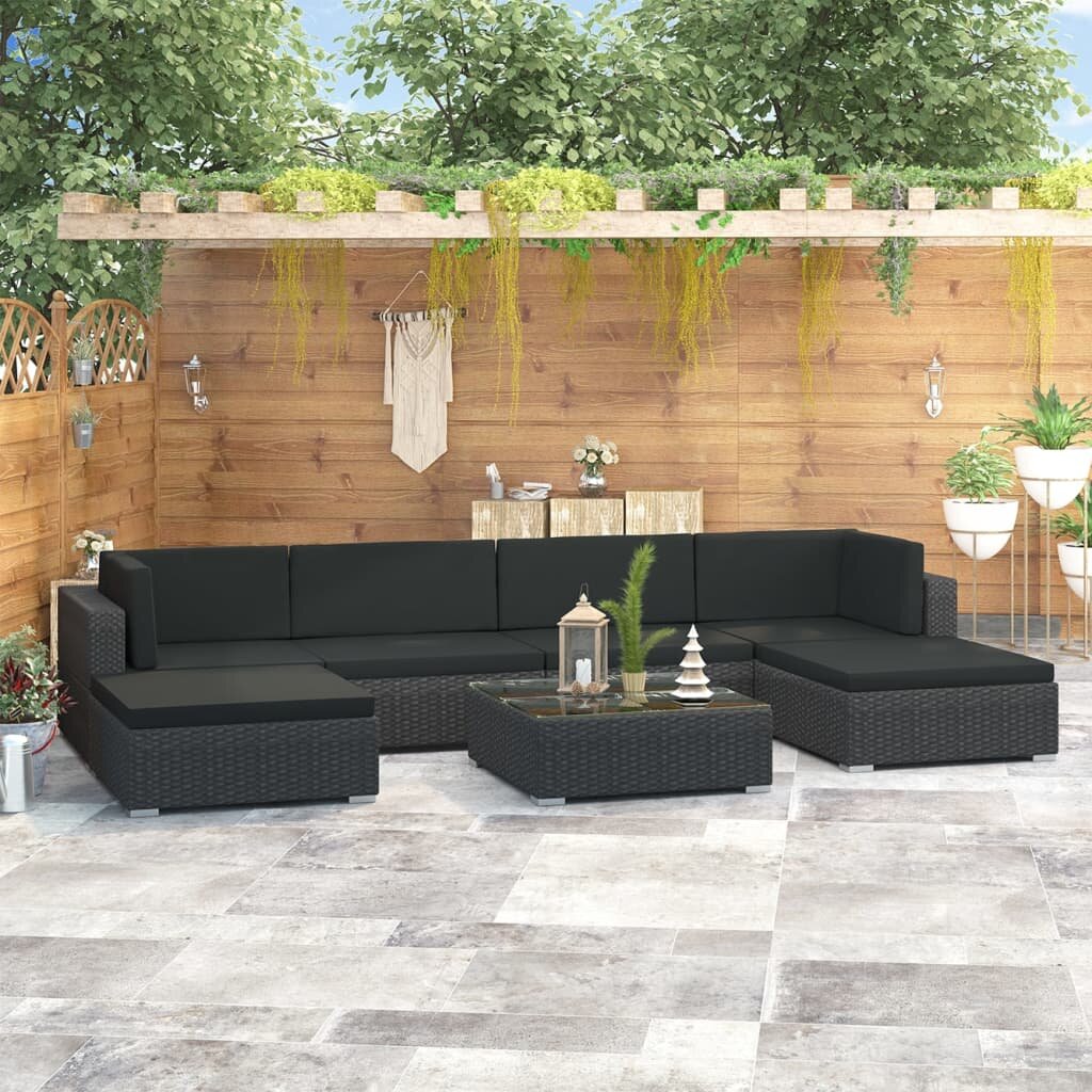Image of 7 Piece Garden Lounge Set with Cushions Poly Rattan Black