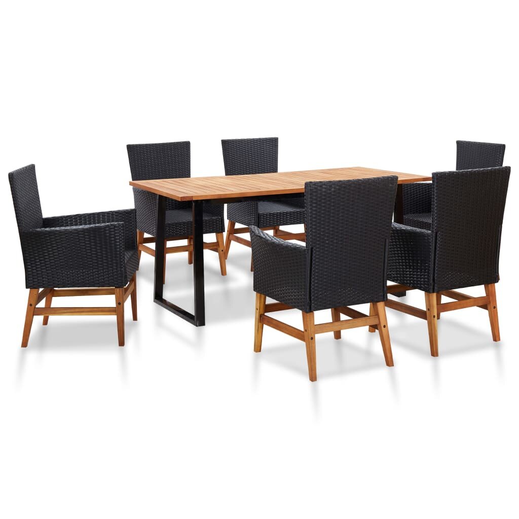 Image of 7 Piece Outdoor Dining Set Poly Rattan and Acacia Wood Black