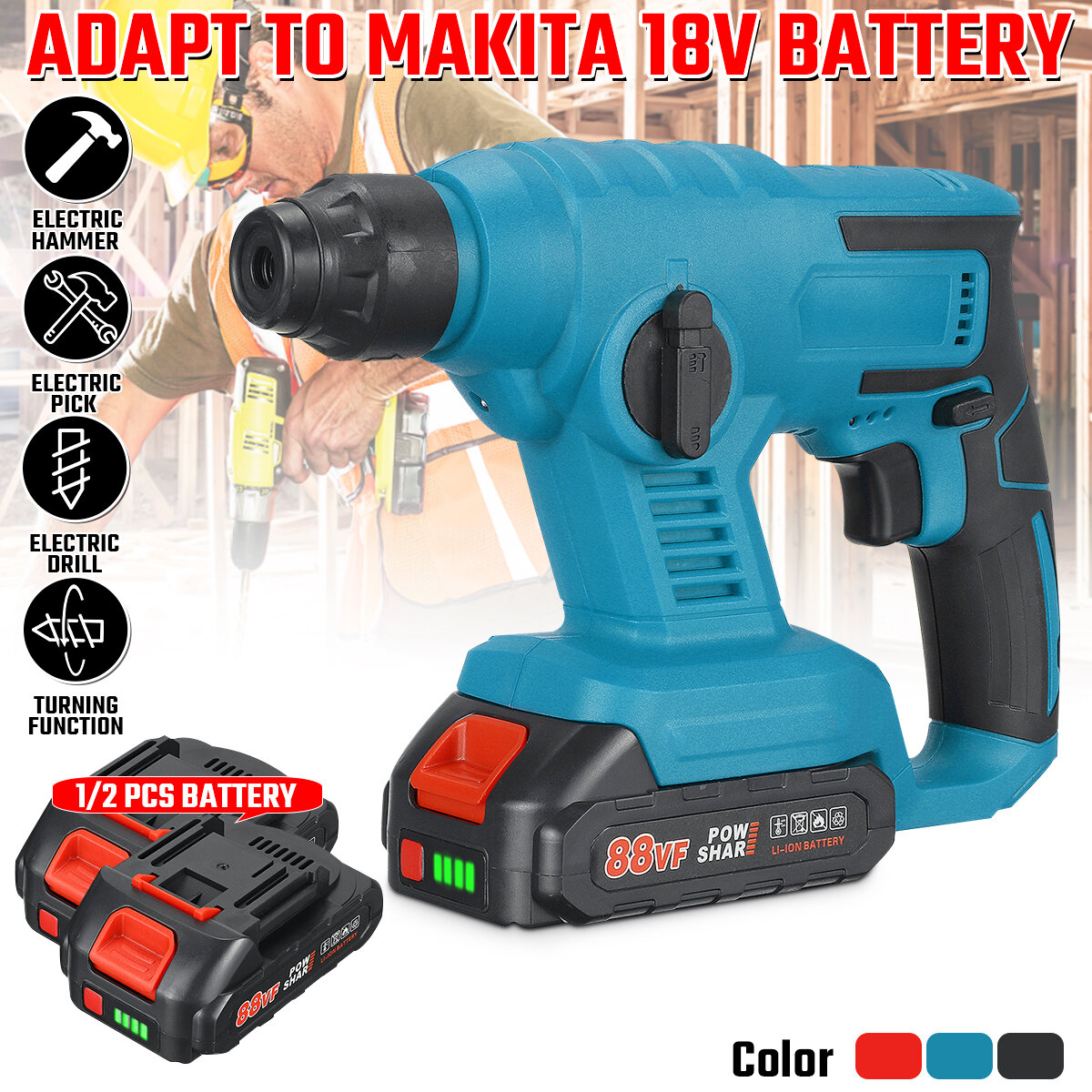 Image of 88VF 1800rpm Cordless Brushless Rotary Hammer Drill Fit 18VMakita Battery