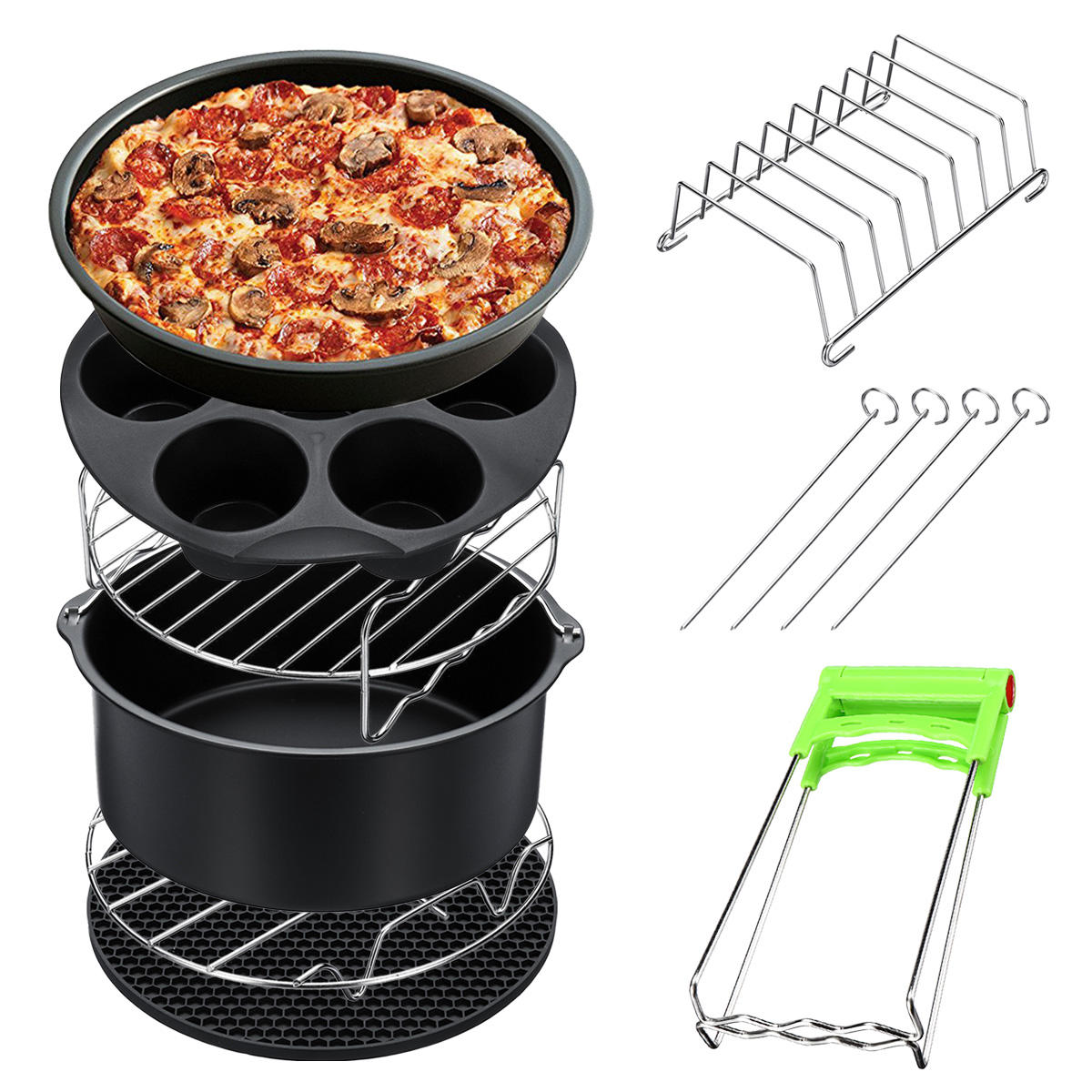 Image of 8Pcs 8 Inch Air Fryer Accessories Set Chips Dish Baking Pizza Pan Kitchen Toolss 52~58QT