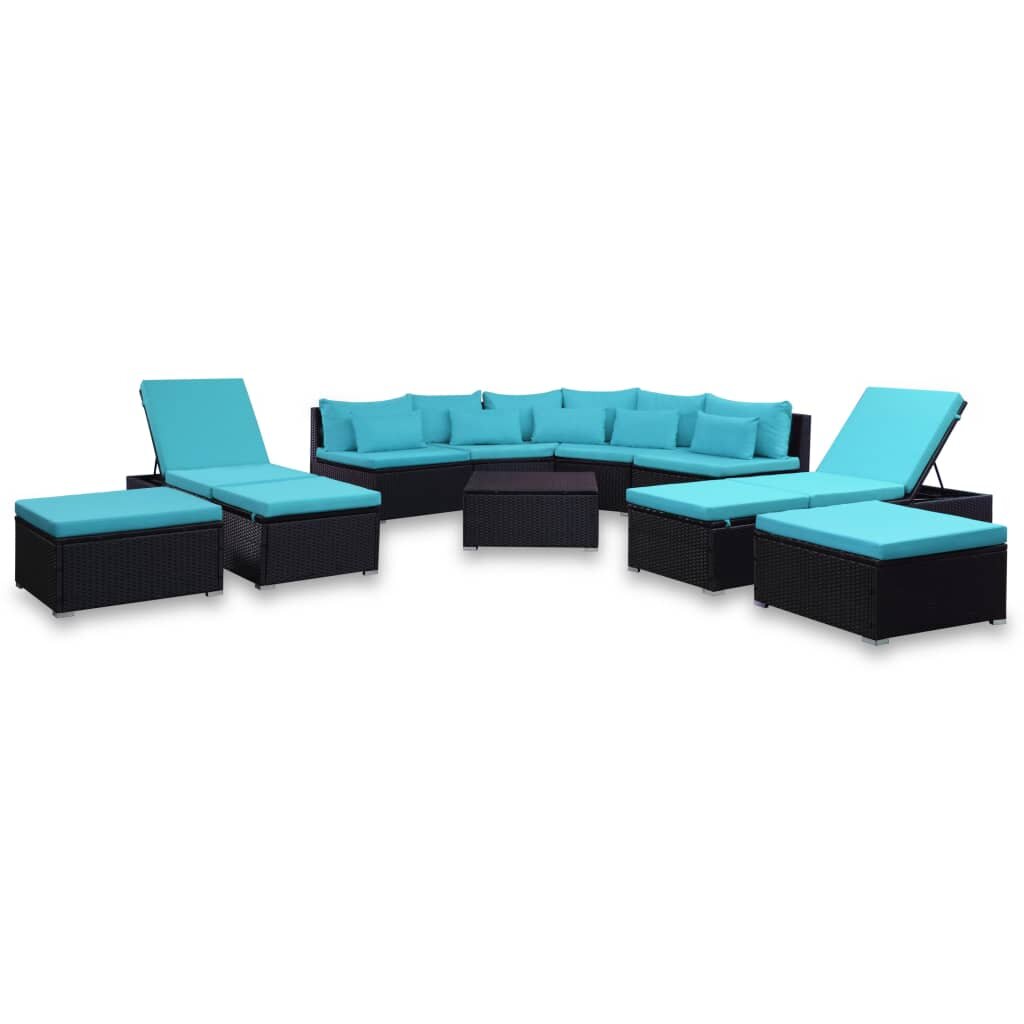 Image of 9 Piece Garden Lounge Set with Cushions Poly Rattan Blue