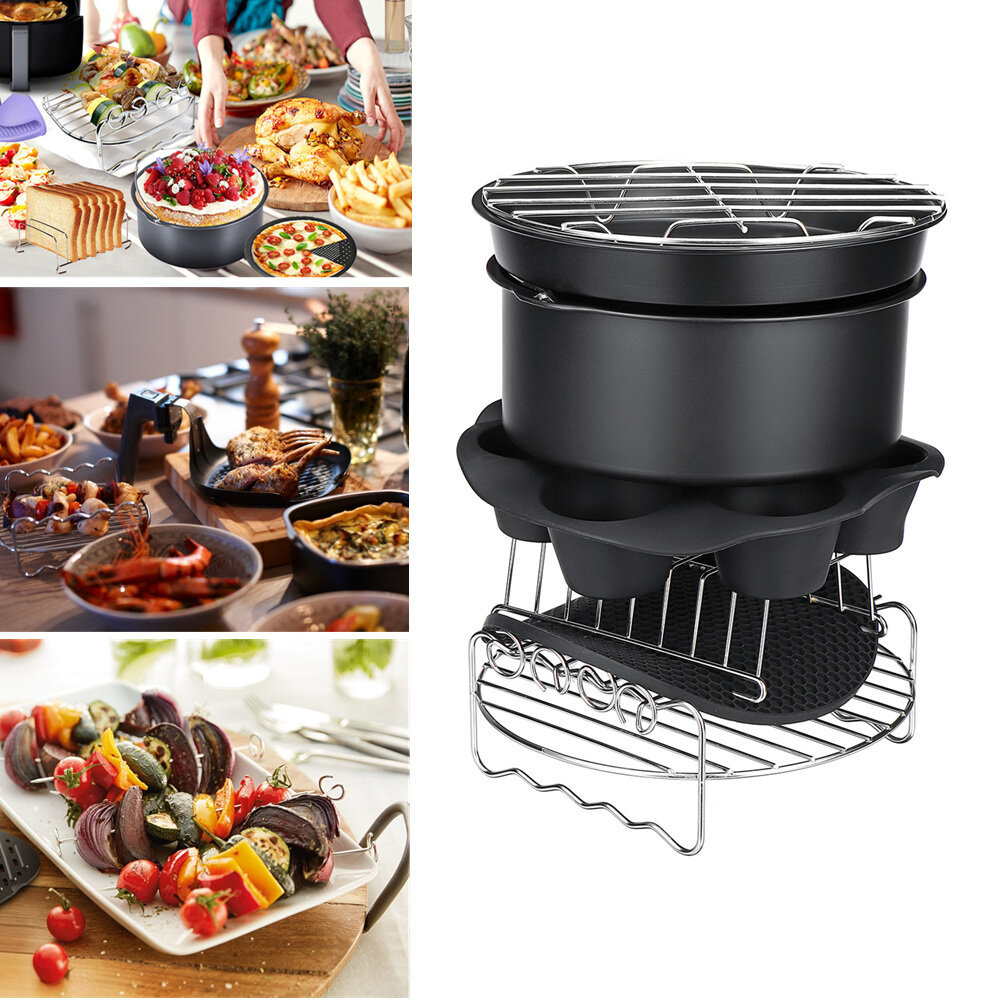 Image of 9inch 12pcs/Set Air Fryer With Baking Pad Pot Silicone Mat BBQ Grill Pan Multi-Purpose Cooking Accessories