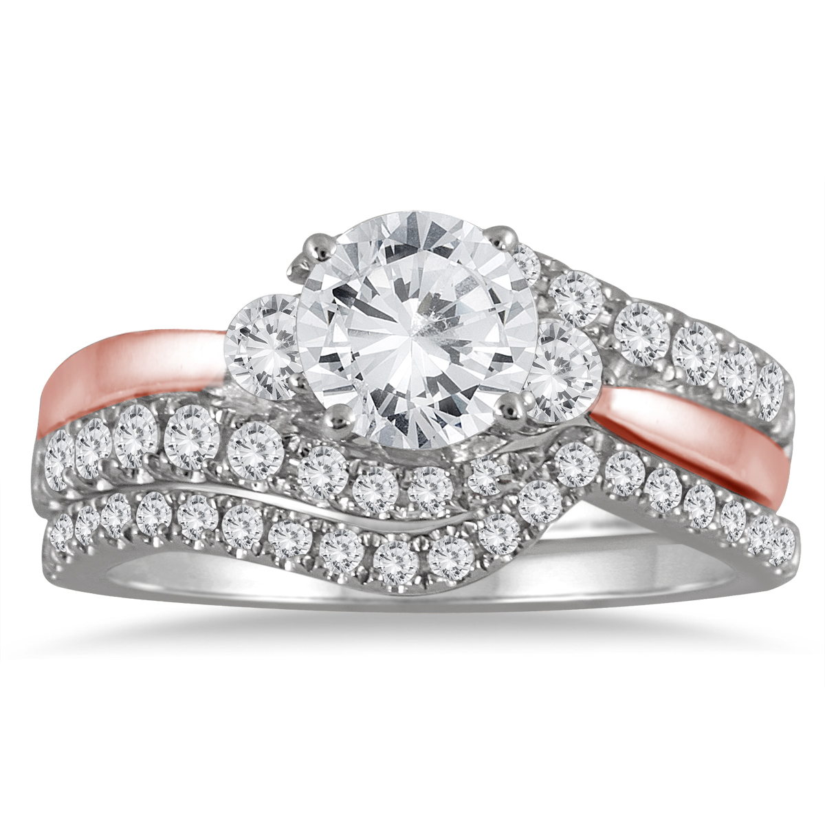 Image of AGS Certified 1 1/2 Carat TW Diamond Bridal Set in Two Toned 14K Pink and White Gold (J-K Color I2-I3 Clarity)