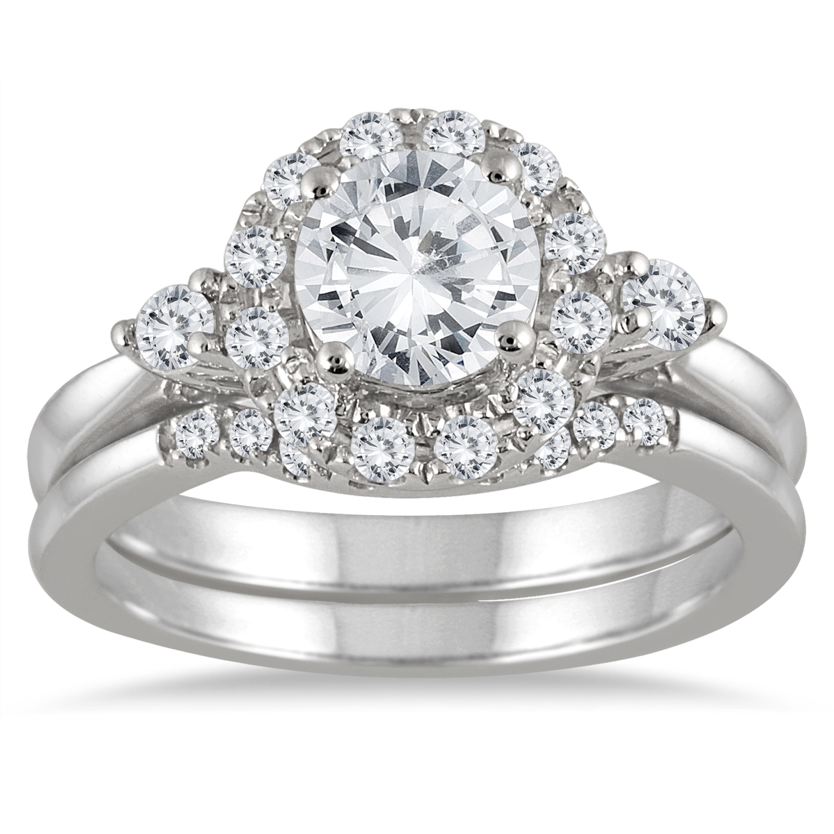 Image of AGS Certified 1 1/2 Carat TW Halo Diamond Halo Bridal Set in 14K White Gold (J-K Color I2-I3 Clarity)