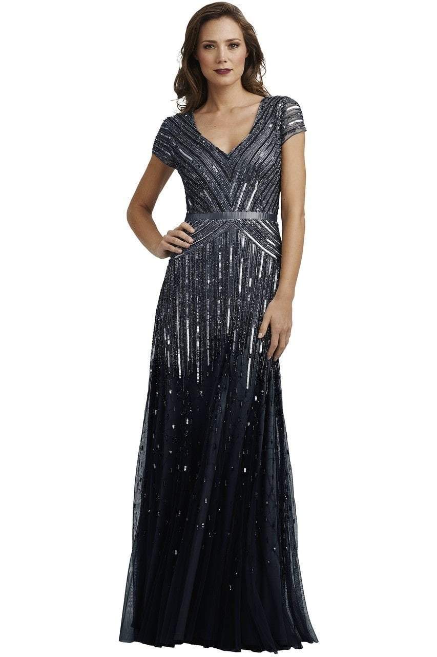 Image of Adrianna Papell - 92868950 Cap Sleeve Sequined Mesh A-Line Gown