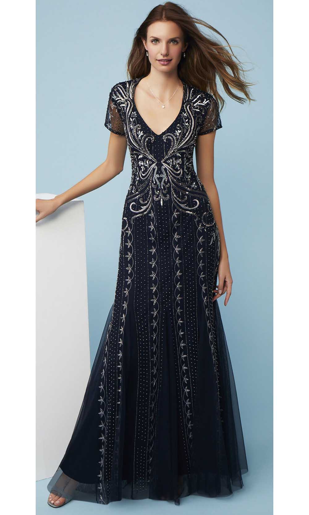 Image of Adrianna Papell - AP1E207147 Short Sleeve V Neck Beaded Mesh Gown