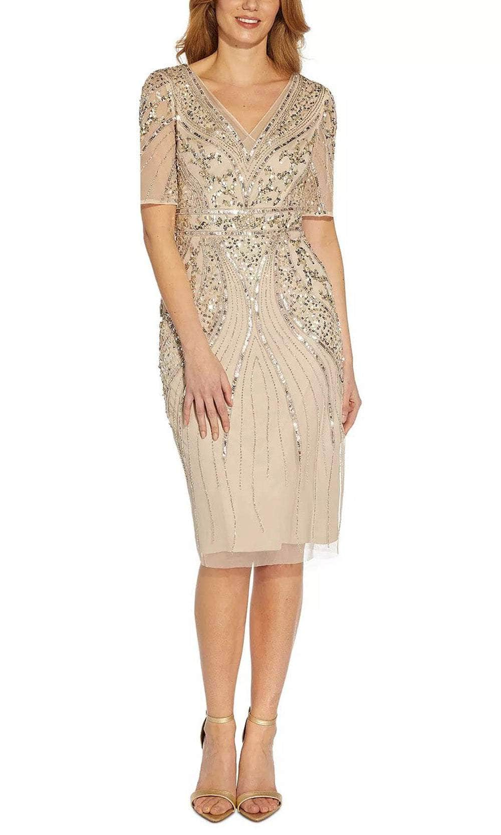 Image of Adrianna Papell AP1E209809 - Beaded V Neck Mesh Dress