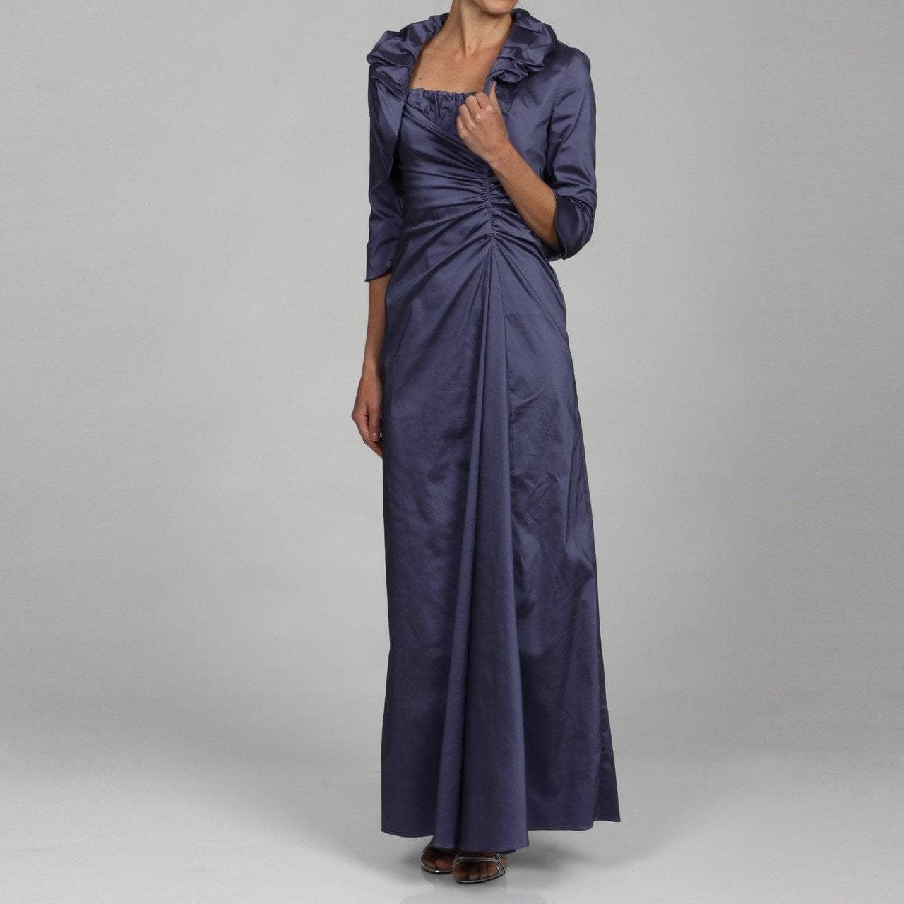 Image of Adrianna Papell - Long Satin Dress with Ruffle Neck Bolero 81848880
