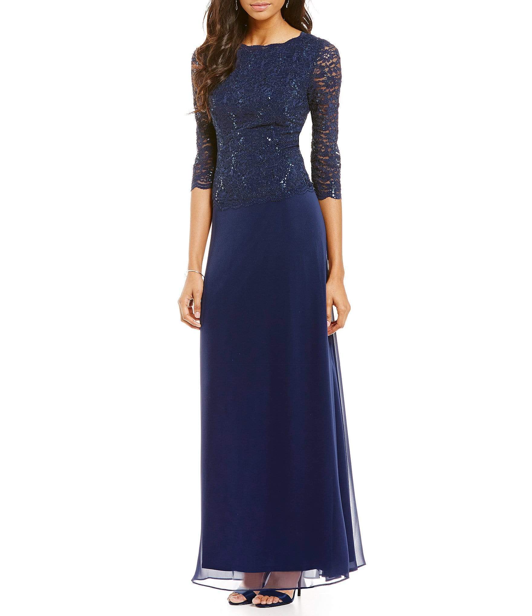 Image of Alex Evenings - 212318 Quarter Sleeve Sparkly Lace and Chiffon Dress