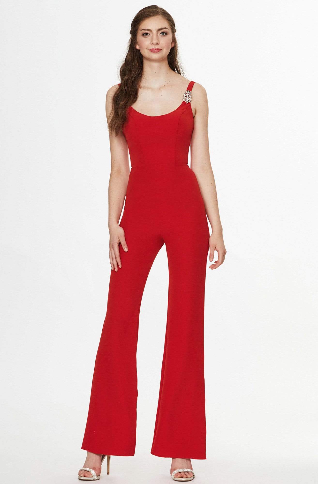 Image of Angela & Alison - 91008 Brooch Accented Flared Jumpsuit