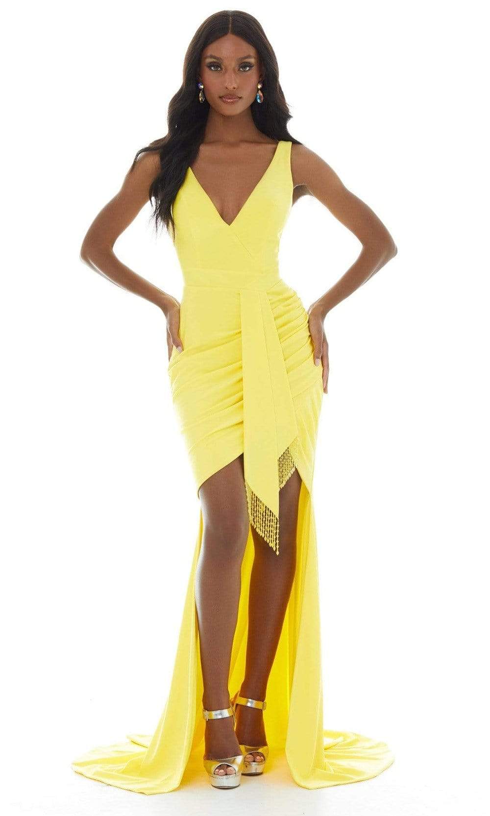 Image of Ashley Lauren - 11051 Sleeveless Fringed Tie Waist High Low Gown