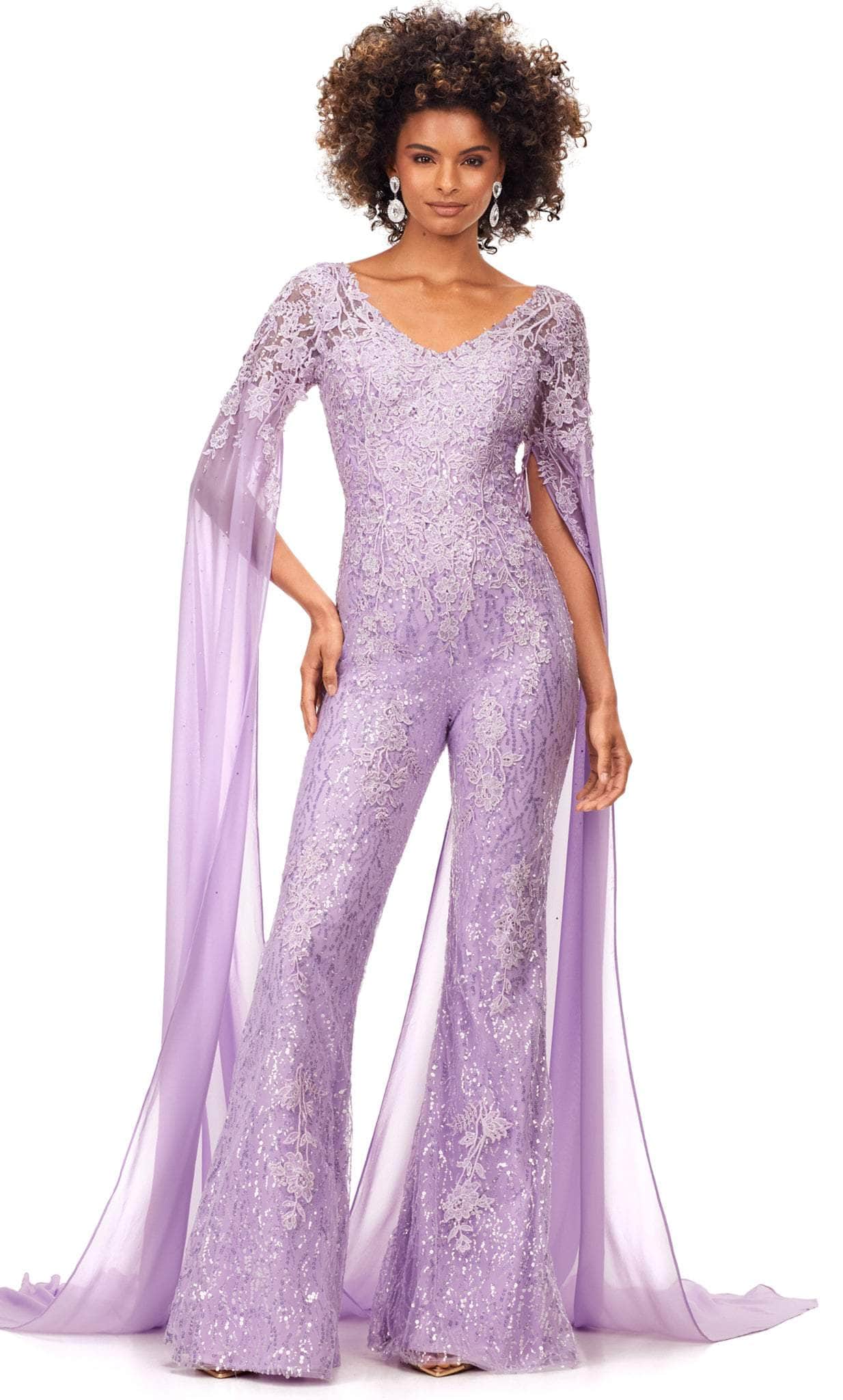 Image of Ashley Lauren 11254 - Embroidered Lace Sheer Sleeved Jumpsuit