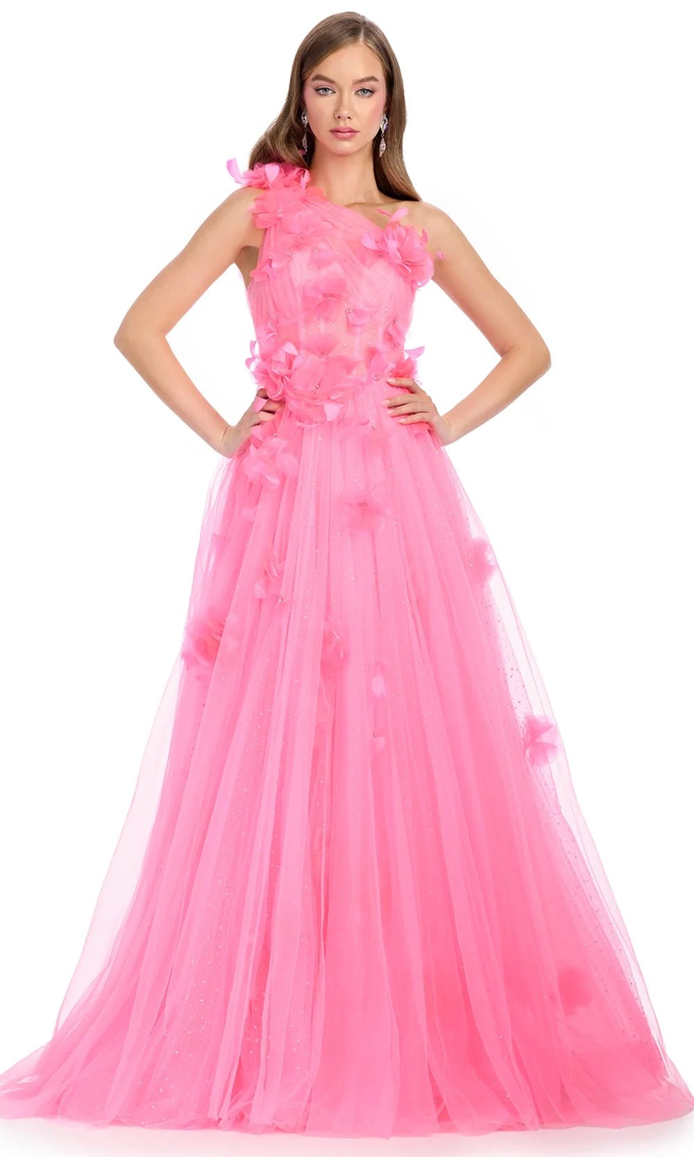 Image of Ashley Lauren 11843 - One Shoulder Floral Appliqued Prom Gown