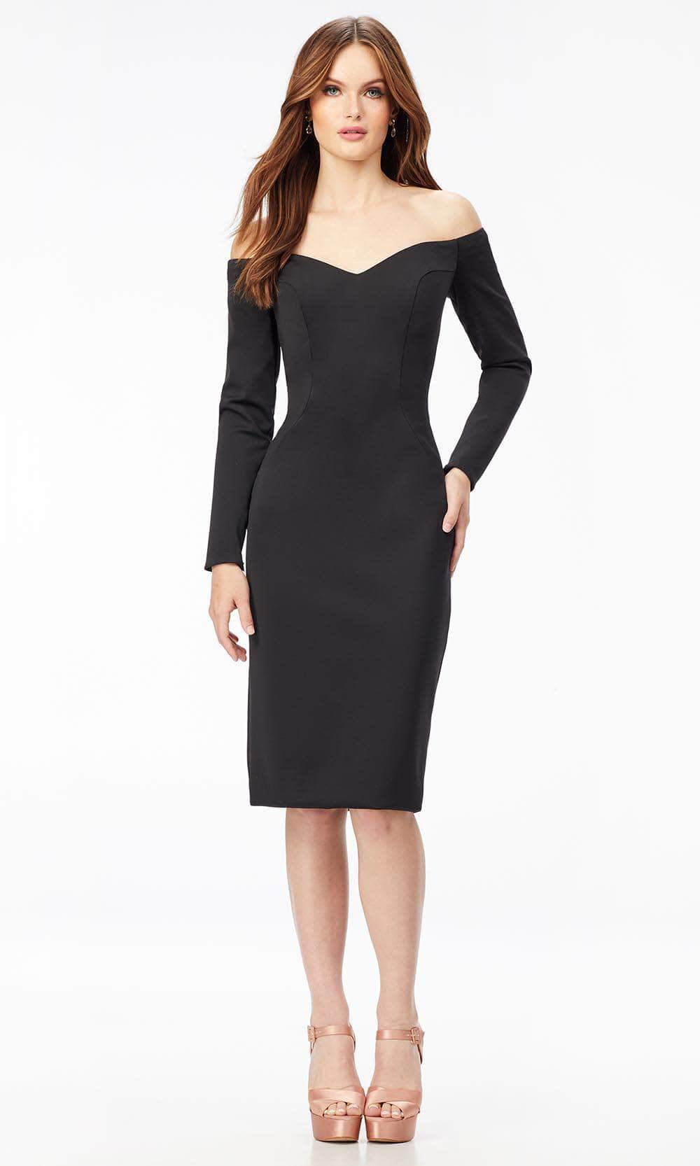 Image of Ashley Lauren 4514 - Off- Shoulder Long Sleeve Tea-Length Dress