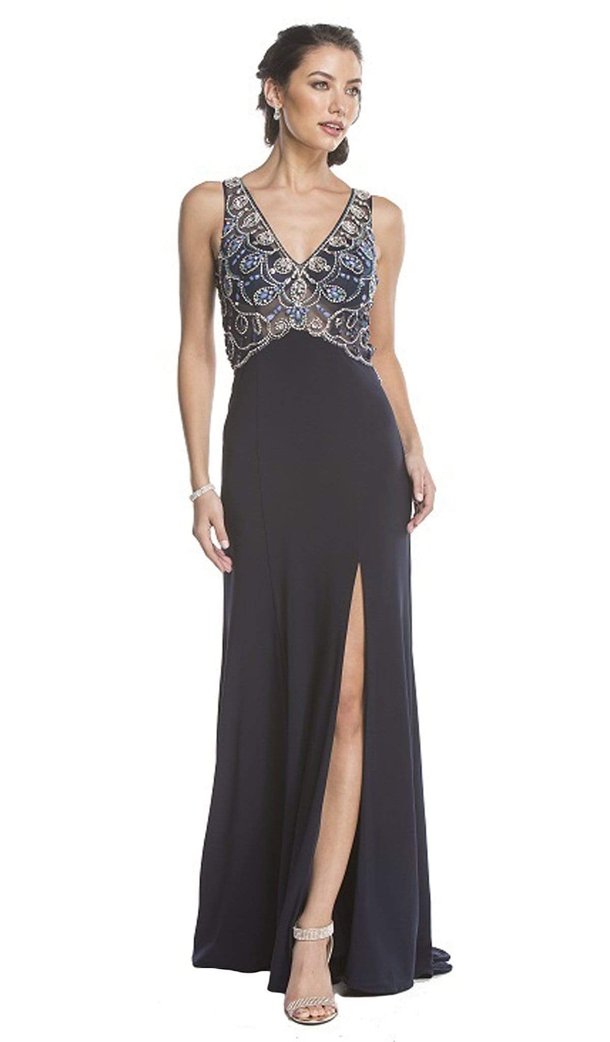 Image of Aspeed Design - Beaded V-Neck Evening Gown with Slit