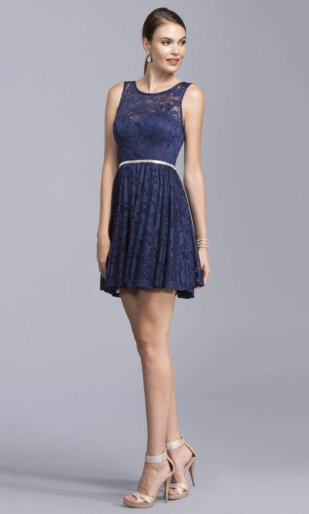Image of Aspeed Design - D124 Short Bejeweled Waist Lace Dress