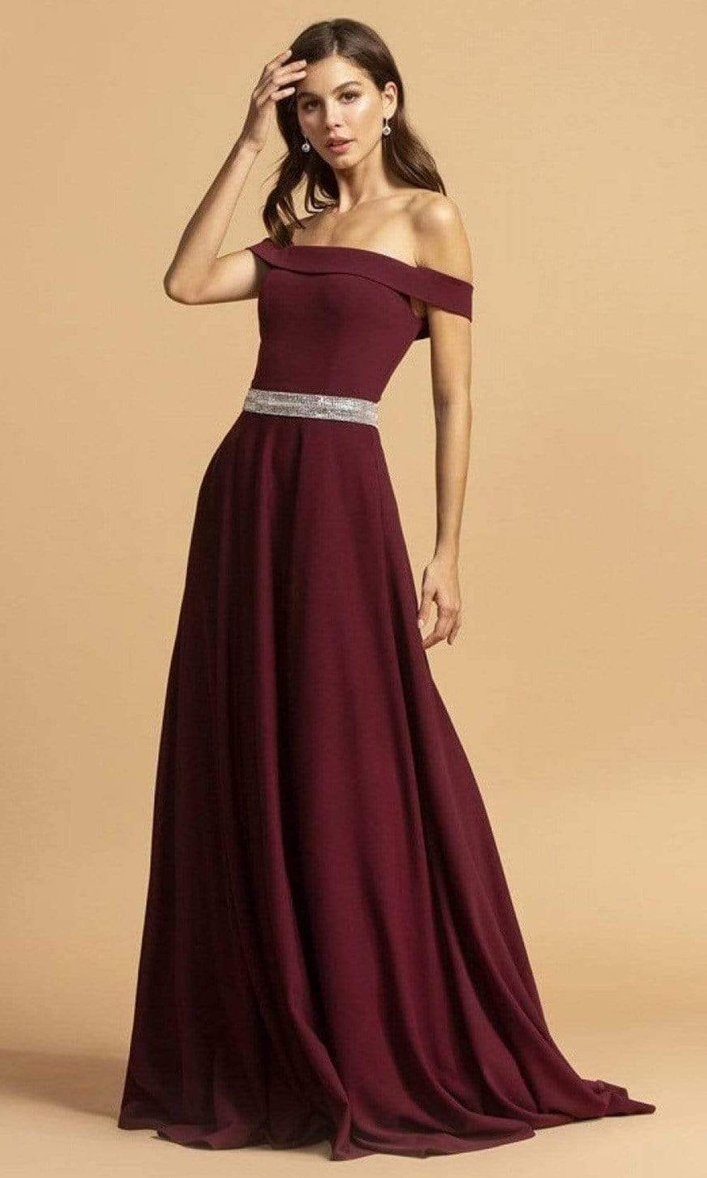 Image of Aspeed Design - D302 Off-Shoulder Crystal Embellished A-Line Gown