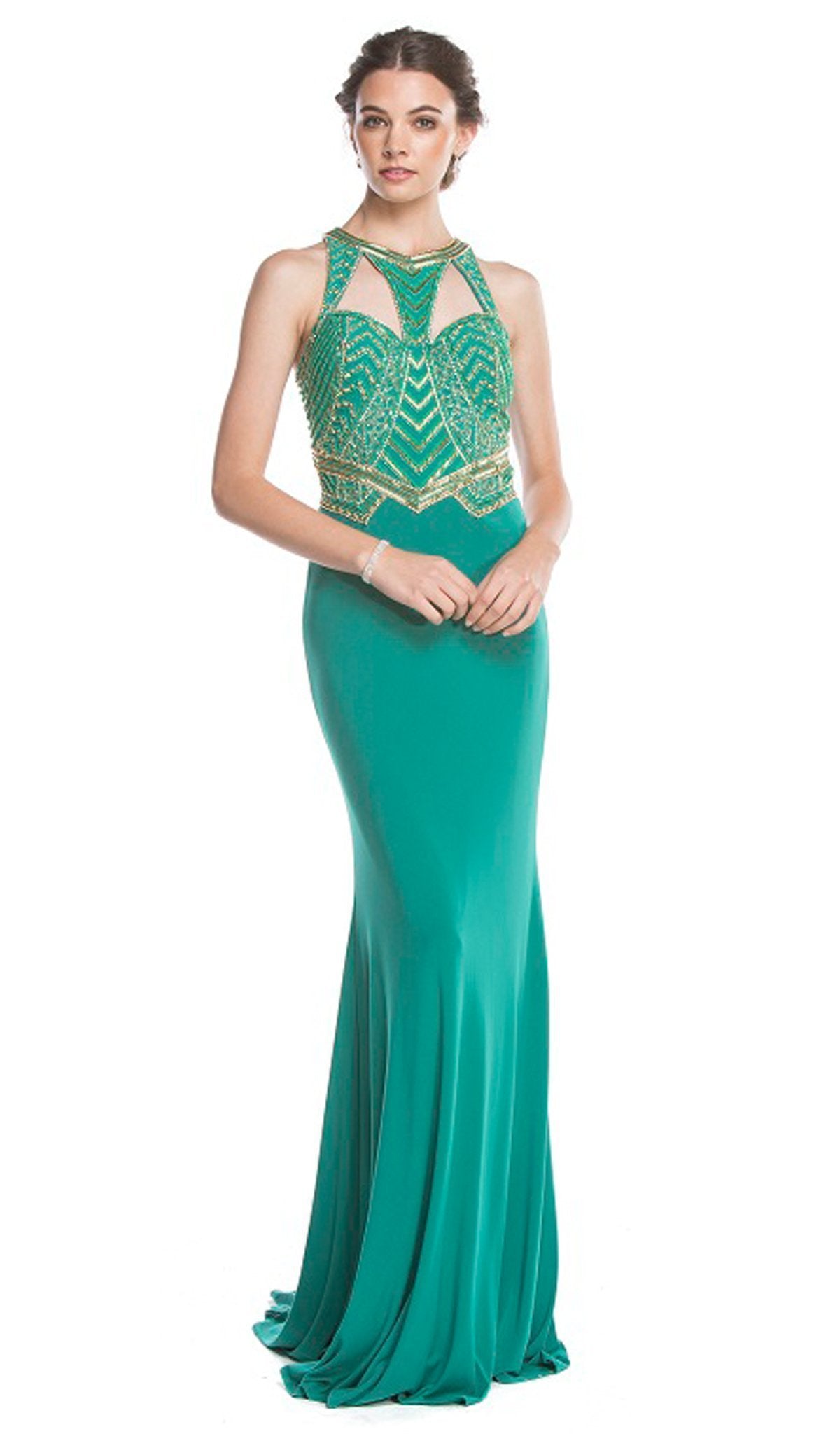 Image of Aspeed Design - Elegant Embellished Halter Sheath Prom Dress