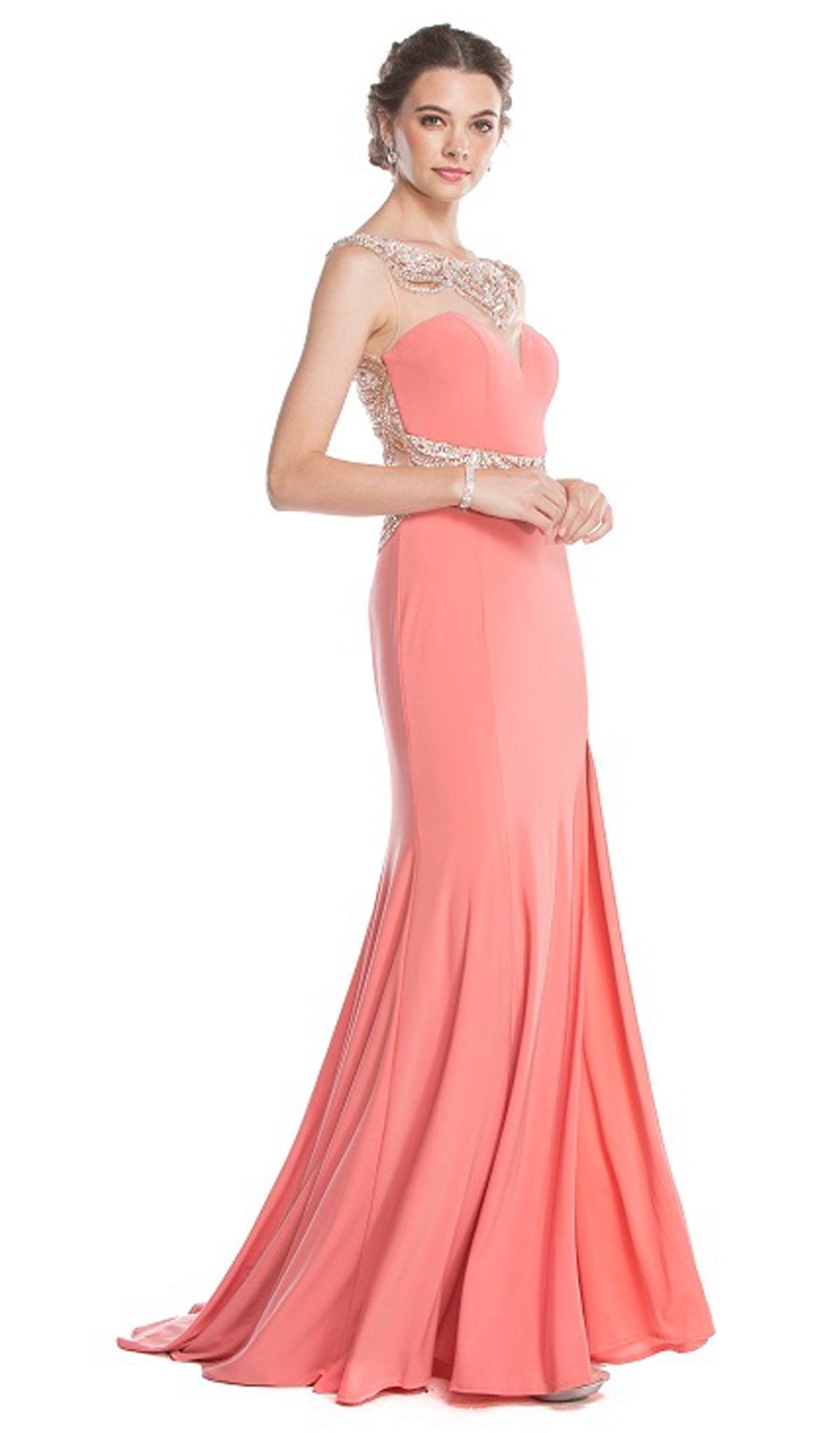 Image of Aspeed Design - Embellished Illusion Bateau Fitted Prom Dress